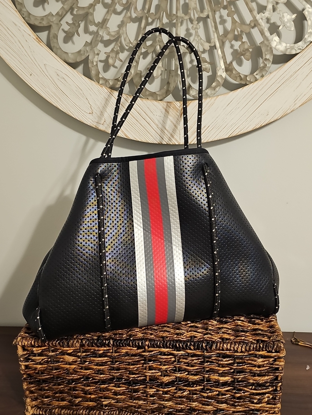 Haute Black Neoprene Tote with Red and Gray Racing Stripes